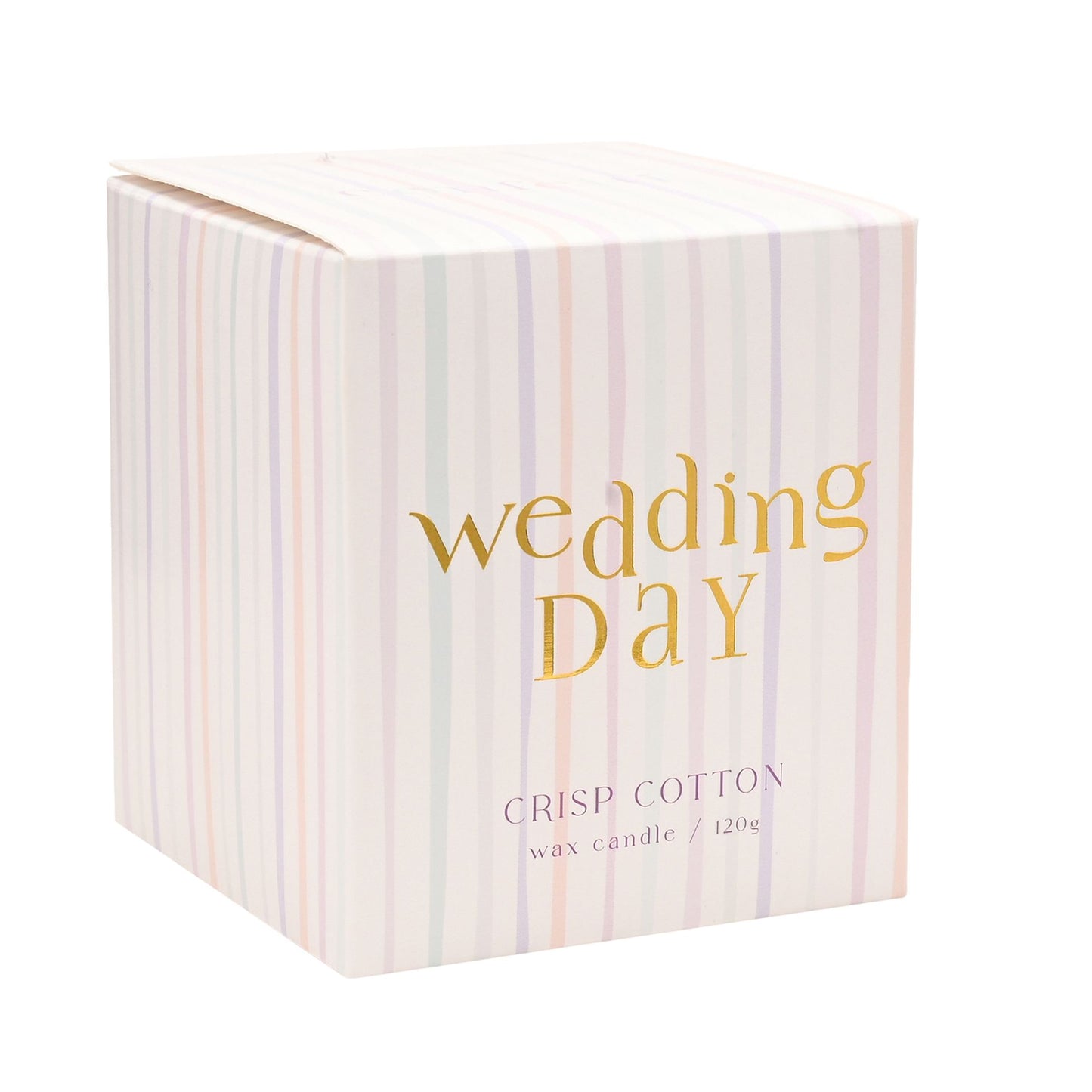 Candle box labeled 'Wedding Day' with striped design on a white background