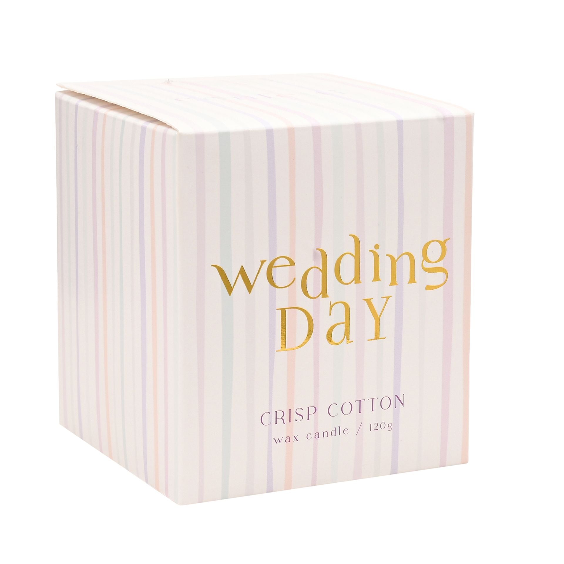 Candle box labeled 'Wedding Day' with striped design on a white background