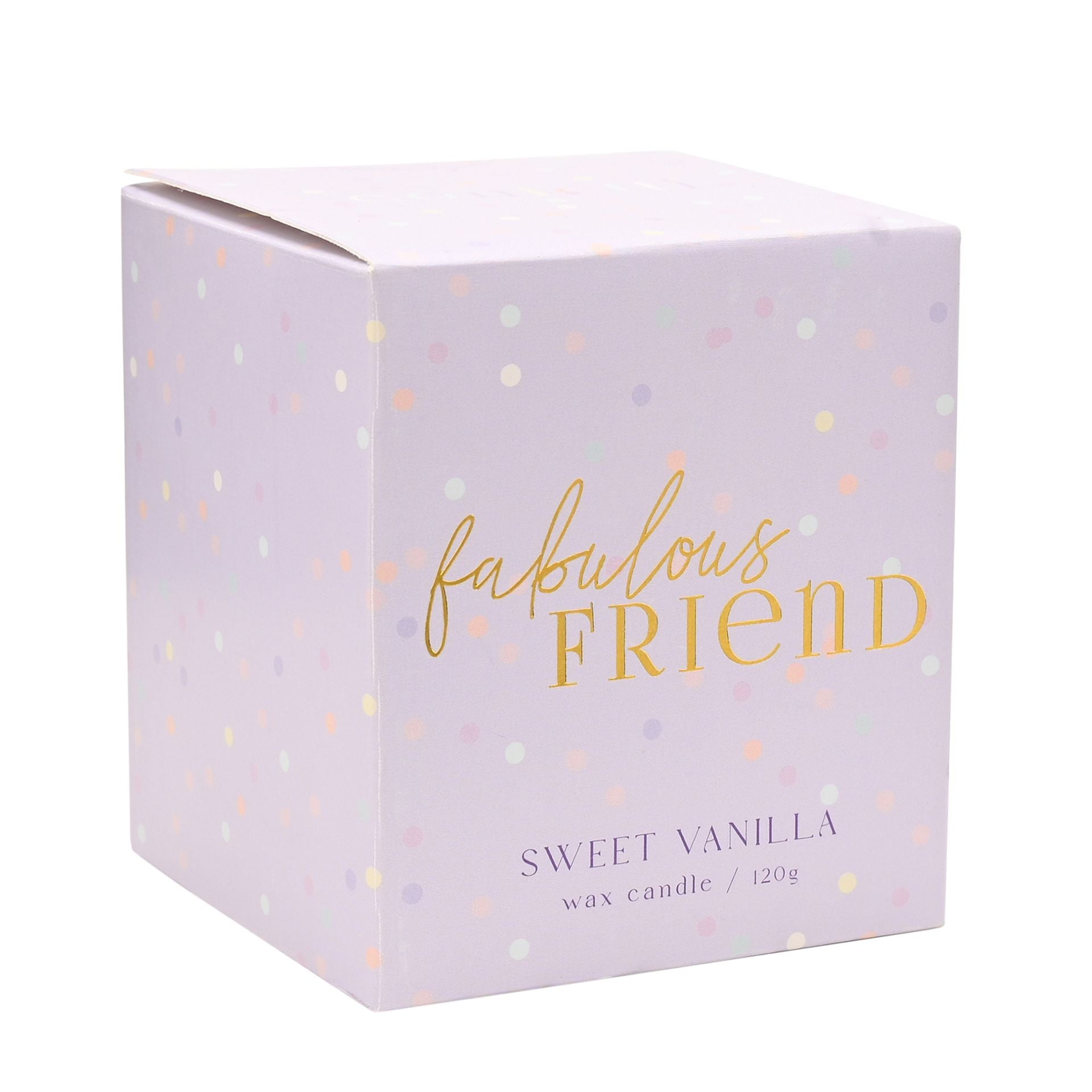 Candle box labeled 'fabulous friend' with 'sweet vanilla' description on a white background