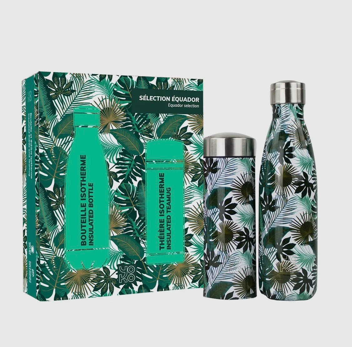 Set of insulated bottles with tropical leaf pattern packaging on a white background